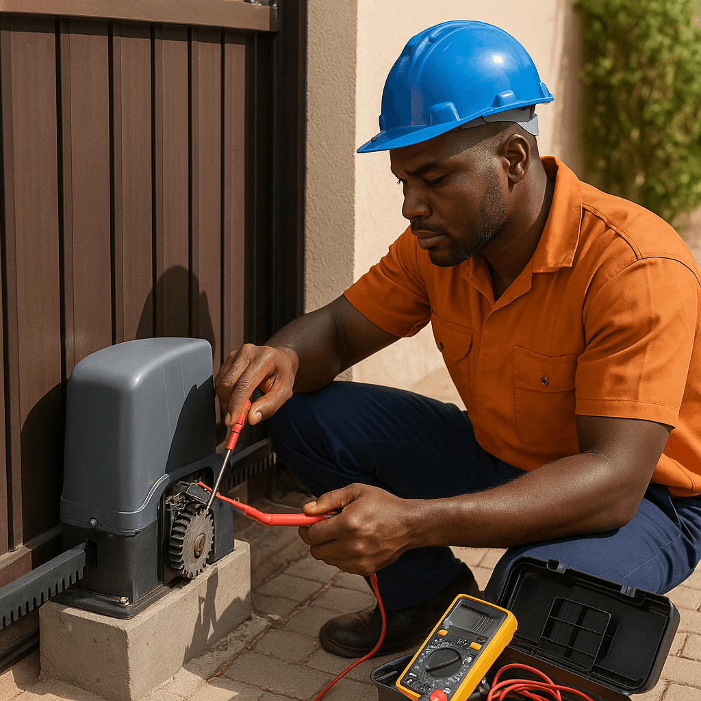 Technician installing gate
